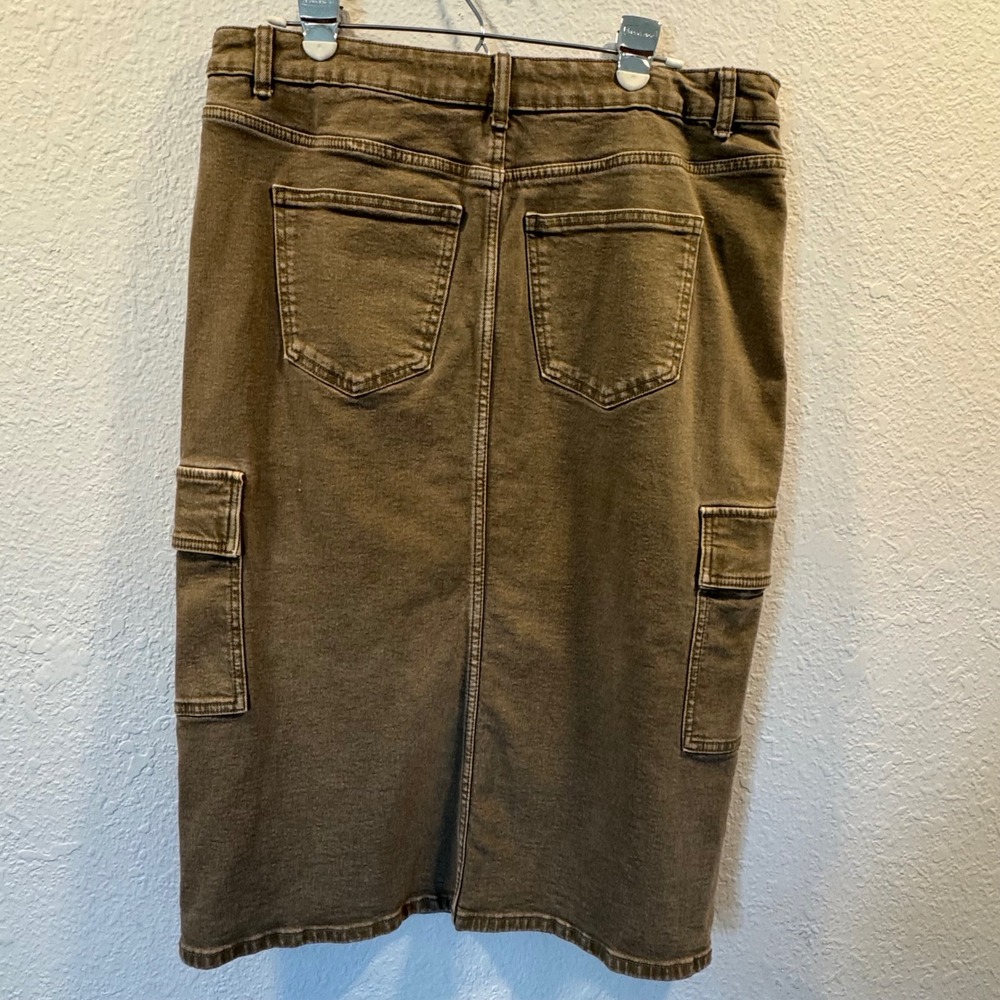 Michael Kors Olive Green Cargo Denim Midi Skirt with Front Slit Size 14 - Picture 4 of 10